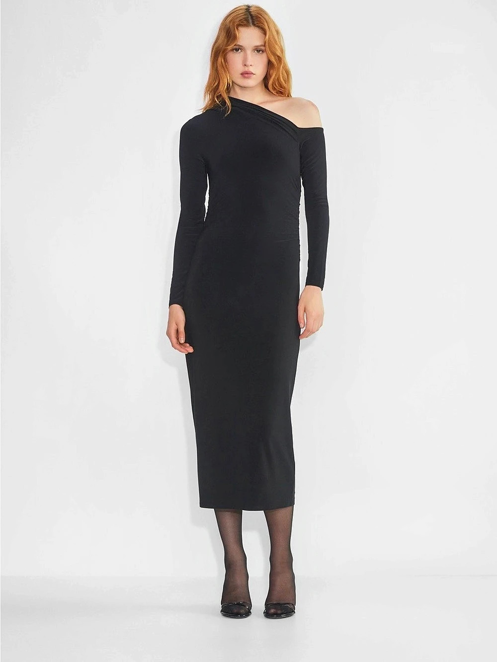 Wilfred Saturn Longsleeve Midi Dress Black Off-Shoulder Size Large